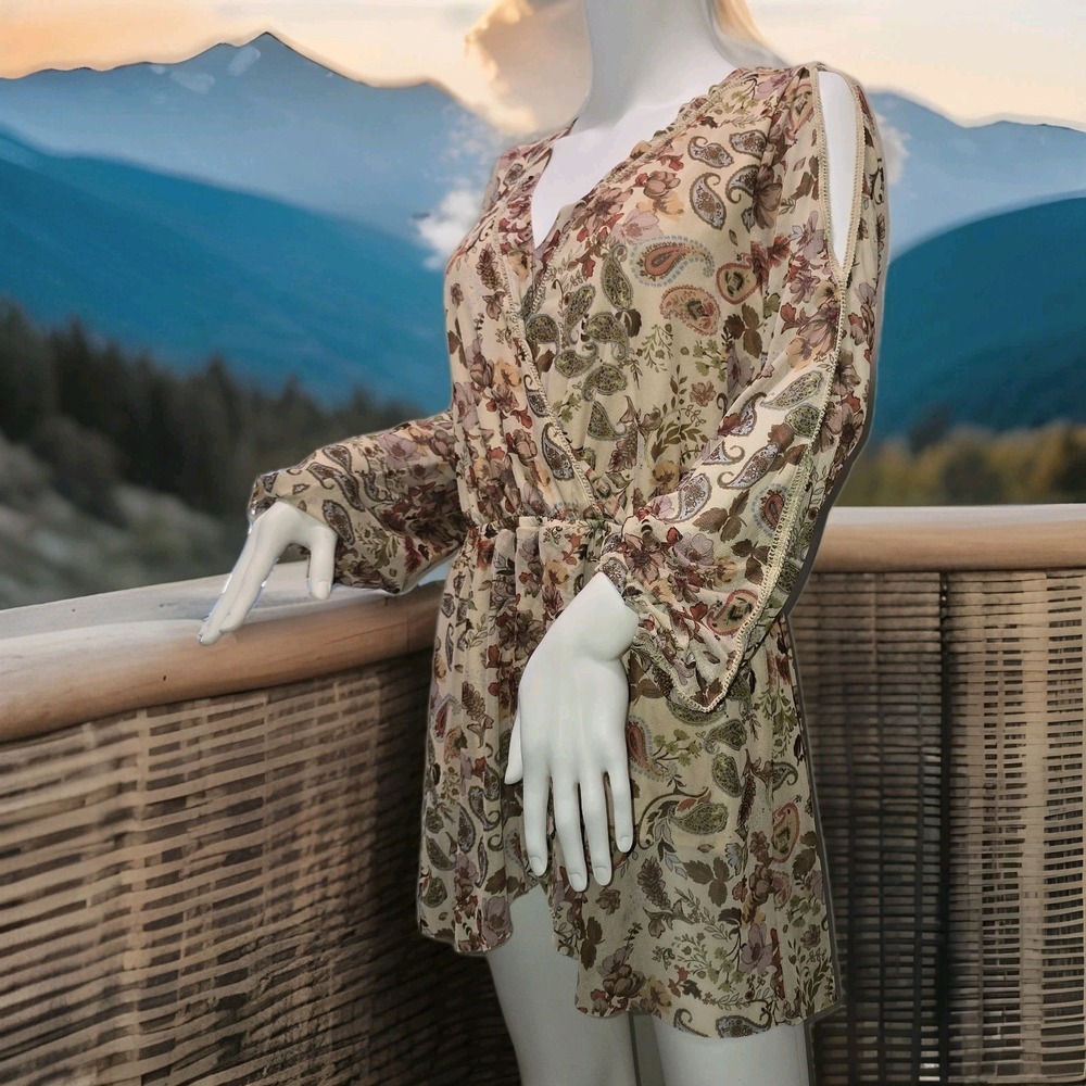 Gimmicks by Bongo Floral Paisley Mini Dress Women's Size L Beige Sheer Overlay L